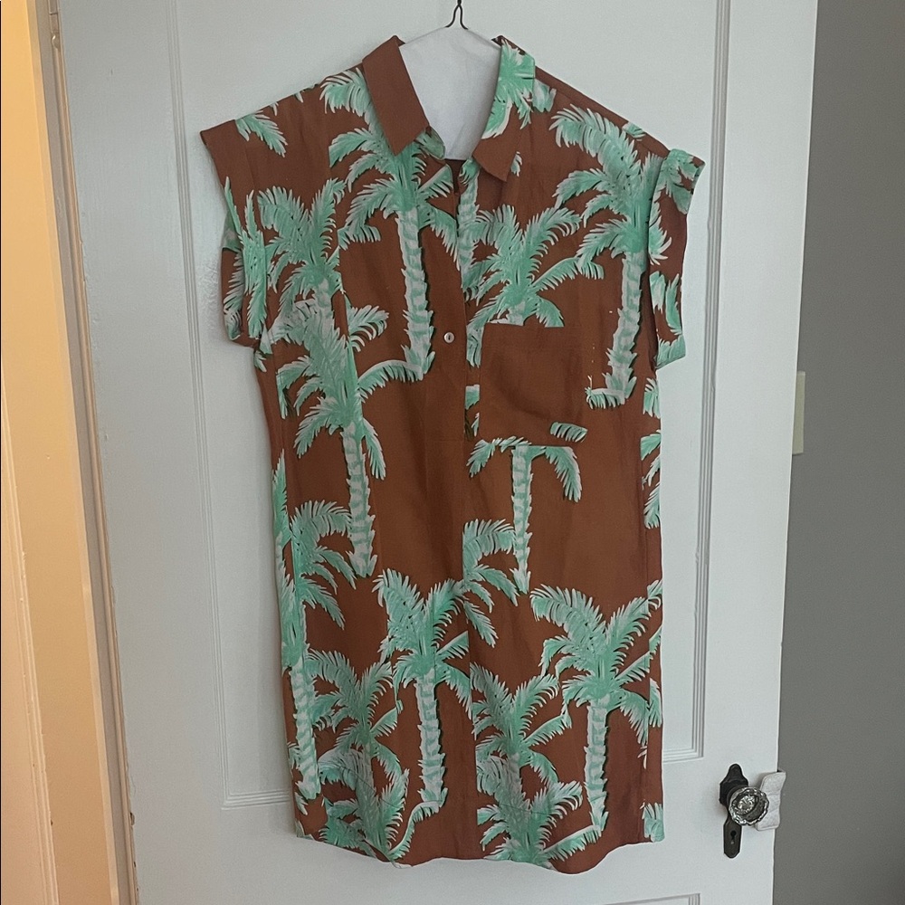 Oliphant Brown and Green Palm Linen shirt dress
